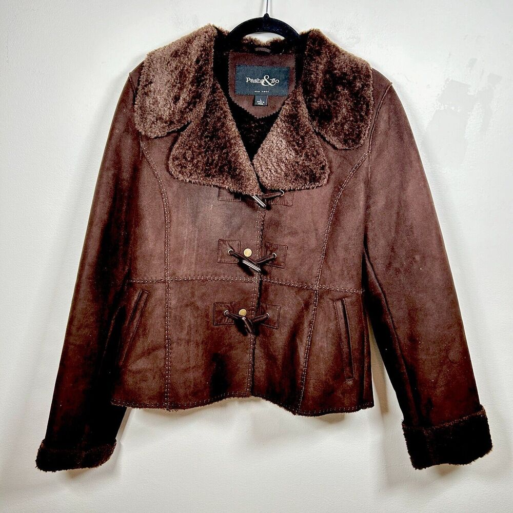 VTG PASHA & JO New York Faux Suede Leather Fur Jacket Women's Size Large Brown
